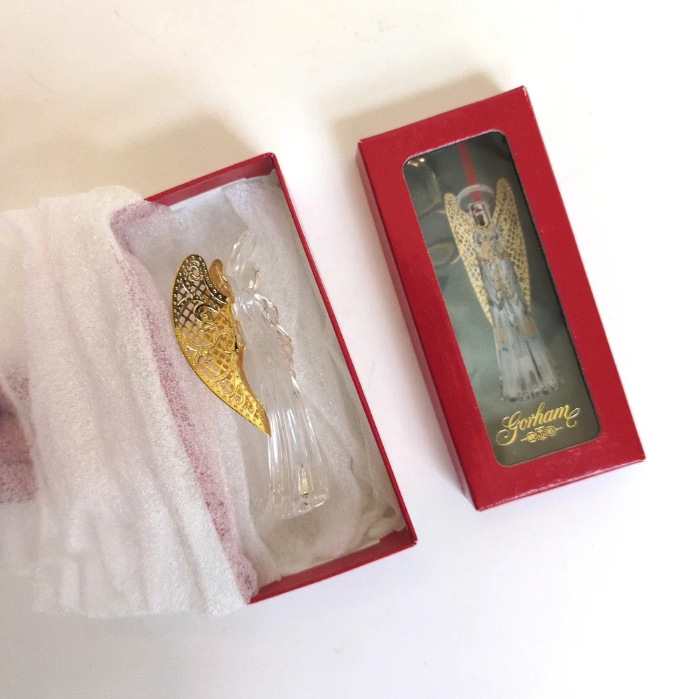 NIB Vtg Gorham Full Lead Crystal Angel Christmas Tree Ornament Gold‎ Metal Wings